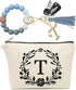 Cute Small Makeup Bag Personalized, Silicone Beaded Wristlet Bracelet Keychain with Initial, Flower Canvas Makeup Pouch Cosmetic Bag, Gift for Wom...