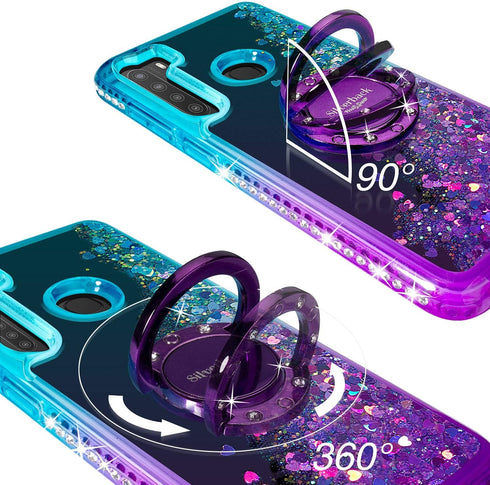 Silverback for Galaxy A21 Case, Moving Liquid Holographic Sparkle Glitter Case with Kickstand, Bling Diamond Rhinestone Ring Protective Girls Wome...