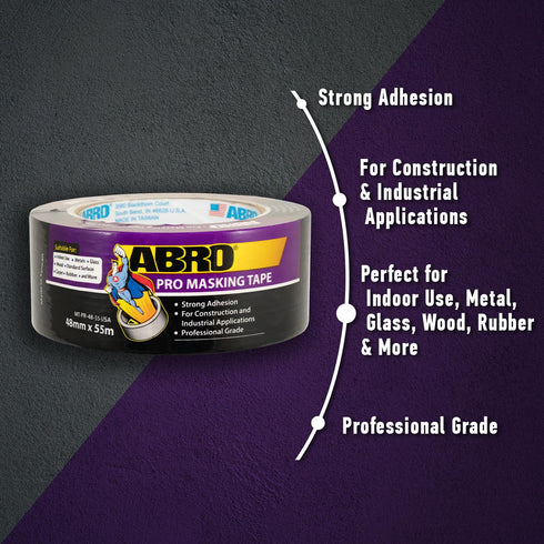 ABRO Masking Tape PRO, 48mm x 55M, All Purpose Natural Masking Tape for Temporary Labeling and Marking, Easy Tear, Clean Removal, Painters Tape fo...