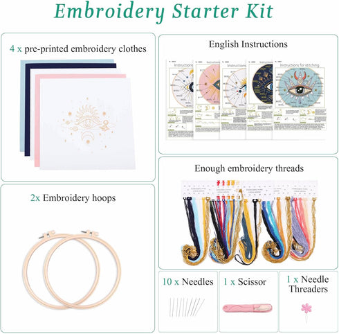 Harimau 5pcs Beginner Embroidery Kit,Eye Pattern,Cross Stitch Kits, Including Stamped Embroidery Cloth with 2 Embroidery Hoops, Multicolor Color T...