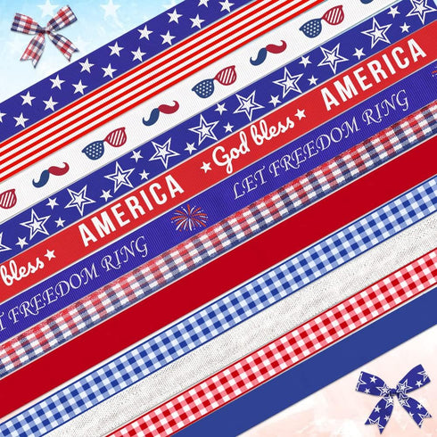 Hying 12 PCS 4th of July Patriotic Ribbons, 3/8" Width Patriotic Grosgrain Ribbons American Stars Craft Ribbon Red Blue Buffalo Plaid Ribbons for ...