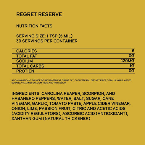 Elijah's Xtreme Regret Reserve Hot Sauce - Carolina Reaper, Trinidad Scorpion, and Habanero Pepper - 5oz bottle contains 70% of the hottest pepper...