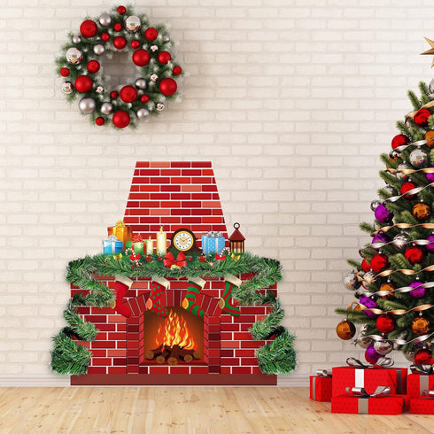 TaoBary Christmas Cardboard Fireplace 35.4 x 38.6 Inch Red Brick Bulletin Board Decoration Christmas Holiday Hearth Bulletin Board with 16.4 ft PV...