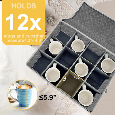 Coffee Mug Storage Box with Dividers, Durable China Storage Containers for Coffee Mugs, Tea Cups Storage Organizer with Lid, Handles, Label Window...