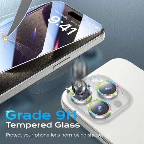 for iPhone 15 Pro Max Camera Lens Protector Bling and 3 Pcs Screen Protector, Tempered Glass Camera Cover, Anti-Scratch Anti-Drop Protection Glitt...