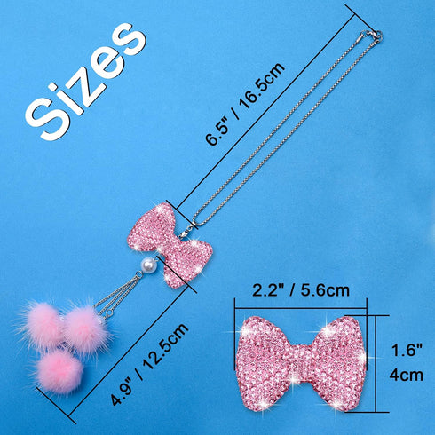 Wisdompro Bling Car Rear View Mirror Hanging Accessories for Women, Rhinestone Diamond Bowknot, Imitation Pearl and Pink Plush Ball Car Rearview M...