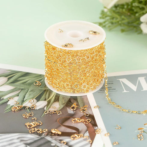 KYUNHOO 5 Meters Necklace Chains for Jewelry Making Hollow Star Link Chain on Spool 18K Gold Plated Jewelry Chain Roll with Lobster Clasps Jump Ri...