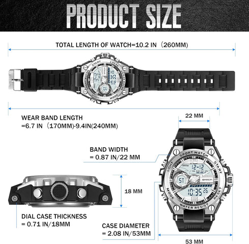 Men's Watches for Men Sports Outdoor Waterproof Military Watch Analog Digital Display Tactics Watch with LED Alarm Stopwatch Hourly Chime Multi-Fu...