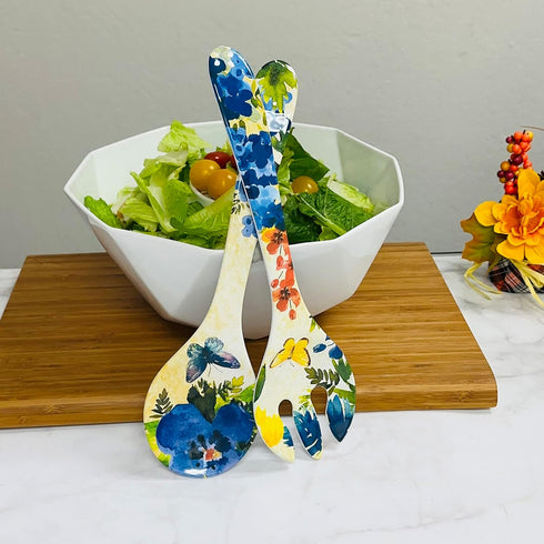 UPware 2-Piece 13 Inch Melamine Salad Server Serving Utensil Set Includes Salad Spoon and Salad Fork (Butterfly Floral)...