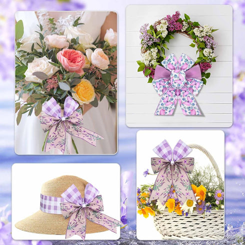 4Rolls 20 Yards Floral Wired Edge Ribbon Purple Lavender Butterfly Printed Burlap Ribbon for Gift Wrapping Wreath Bow Making Craft for Wedding Bri...