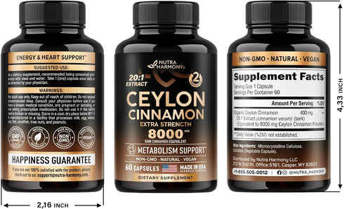 Ceylon Cinnamon Capsules - 8000 mg, Extra Strength - Made in USA - Energy, Heart & Metabolism Support - for Men & Women - Pure Natural Extract 20:...