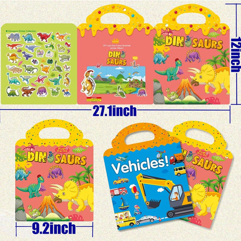 Reusable Sticker Book for Kids 2-4, 2 Sets Vehicle & Dinosaur Sticker Busy Book Educational Learning Toys Travel Stickers Quiet Activity Books for...