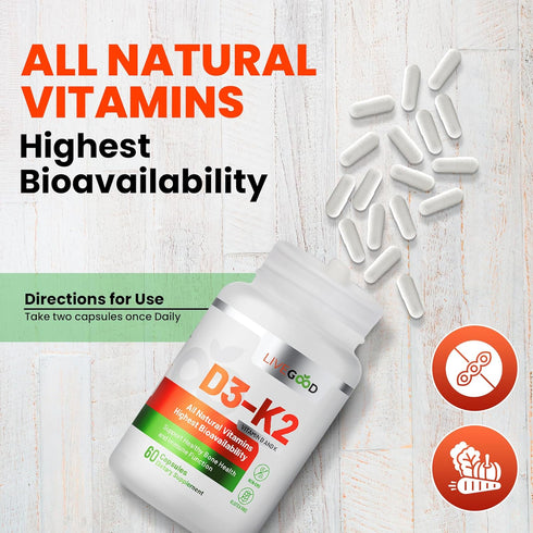 LIVEGOOD™ Vitamin D3 + K2 All Natural Bone, Muscle & Immune System Support, Vegan & Non-GMO, 60 Capsules...
