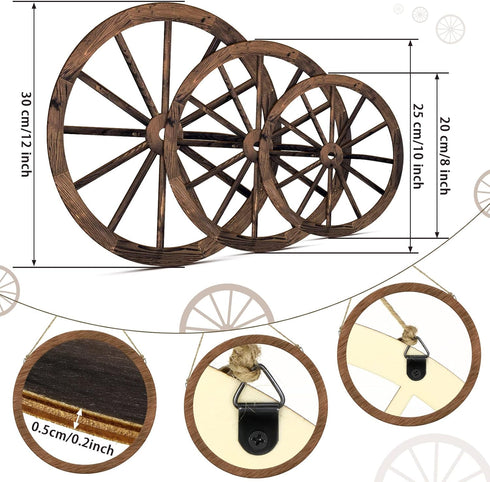 Qunclay 3 Pcs Wooden Wagon Wheel Decor 12/10/8 Inch Old Western Western Wall Decor Farmhouse Wagon Wheels Rustic Yard Wall Art Decor Hanging Decor...