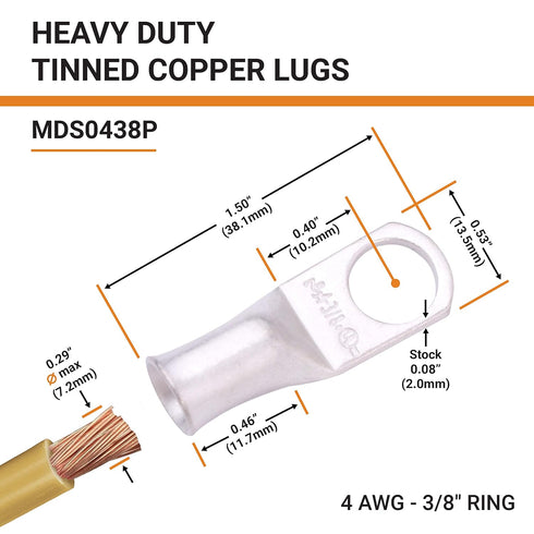 SELTERM 10pcs 4 AWG-3/8" Stud Tinned Copper Wire Lugs, Heavy Duty Battery Cable Ends,4 Guage Ring Terminals, UL Battery Lugs Marine Grade Copper E...