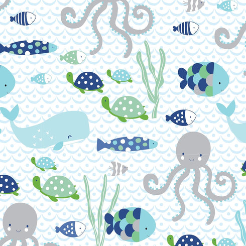 Lambs & Ivy Oceania 100% Cotton Fitted Crib Sheet - White with Blue Nautical/Aquatic Fish and Octopus...