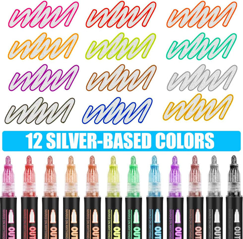 Double Line Outline Markers 12 Colors Super Squiggles Glitter Markers Self Outline Metallic Markers, Doodle Shimmer Markers Drawing Pens for Chris...