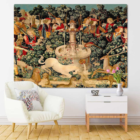Semtomn Tapestry Artwork Wall Hanging Unicorn Tapestries Medieval Hunt Found Mythical Creatures 60x80 Inches Home Decor Tapestries Mattress Tablec...