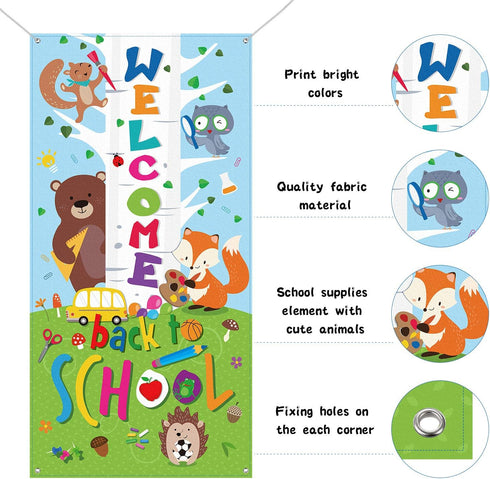 Welcome Banner, First Day of School Door Cover Woodland Animal Friends Photo Backdrop for Classroom School Party Decorations Supplies with Rope...