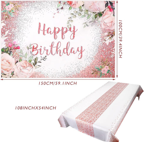 Breling 2 Pcs Pink Happy Birthday Backdrop Banner and Tablecloth for Women Rose Gold Birthday Party Decorations Plastic Floral Table Cover Backdro...