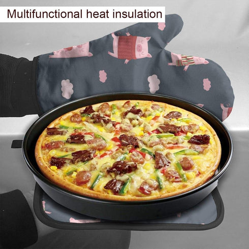 Cute Cartoon Pigs Oven Mitts and Pot Holders Sets Heat Resistant Oven Gloves with Non-Slip Surface for Reusable for Baking BBQ Cooking...