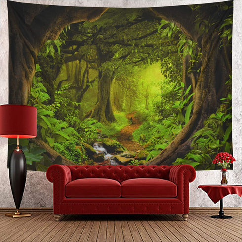 Tushelia Forest Tapestry Psychedelic Tree Cave Tapestries Fantasy Nature Landscape Backdrop Tapestries Stream Through Rainforest Jungle Tapestry W...