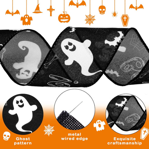 2 Rolls 12 Yards Halloween Wired Ribbons Spiderweb/Ghost Printed Ribbons Decorative Wrapping Ribbons Polyester Craft Ribbons for Halloween Home Pa...