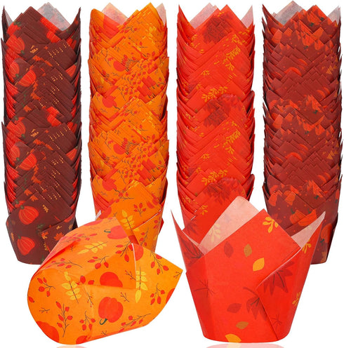 400 Pcs Fall Cupcake Liners Thanksgiving Tulip Wrappers for Baking Autumn Muffin Cupcake Holders Pumpkin Maple Leaf Liners Paper Baking Cups for B...