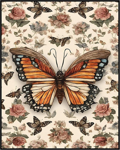 Posterizer 1 pcs- Orange butterfly in the middle of dainty flowers-Art for Animal Lovers-Floral Botanical Art-Gift for Men Women Teens-Decor for B...