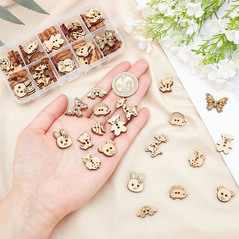 arricraft 100 Pcs Animal Style Wooden Sewing Buttons, 2-Hole Rabbit Butterfly Bear Sewing Buttons, Unfinished Wood Decorative Buttons for Sewing C...