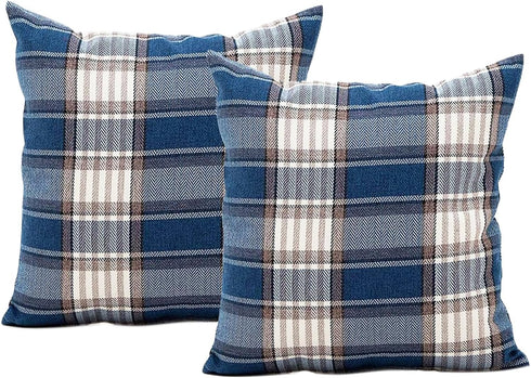 Jiuhong Cotton Linen Throw Pillow Covers Farmhouse Decor Checkers Plaids Square Cushion Case Home Decorative for Sofa Bedroom Car, 2 Pack (Navy, 1...