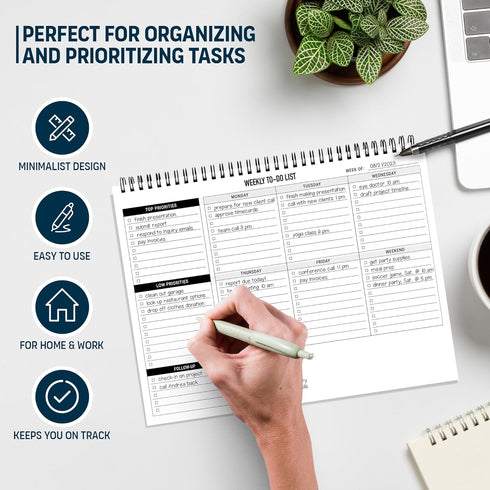 Weekly Planner To Do List Pad - 8.5x11" 52 Sheets Spiral - Desk Notepad with Multiple Sections - Undated Planning Notebook Checklist, Todo Agenda ...