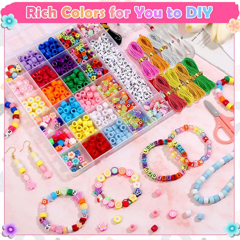 cridoz Bead Bracelet Making Kit, Bead Kits for Bracelets Making with Pony Beads, Polymer Fruit Clay Beads, Charm Beads, Letter Beads for Bracelets...