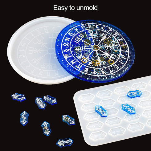 NiArt Rune Divination DIY Kit with Polyhedral Dice, Symbol Cards, Astrology Compass Epoxy Resin Molds for Handcrafting Glossy Art Agate Home Decor...