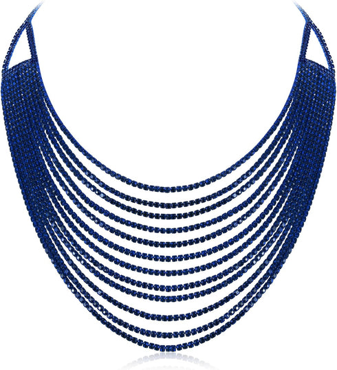 Flyonce Multi Layered Choker Collar Necklace, Glitter Blue Rhinestone Crystal Tassel Multi-Strand Fringe Chains Bib Statement Necklace Prom Jewelr...
