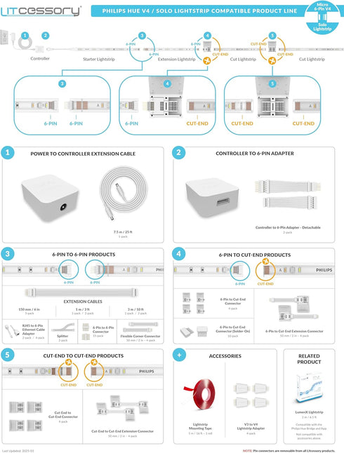 Litcessory Controller to 6-Pin Adapter for Philips Hue/Solo Lightstrip (Detachable Version, White - MICRO 6-PIN V4 / Solo Lightstrip)...