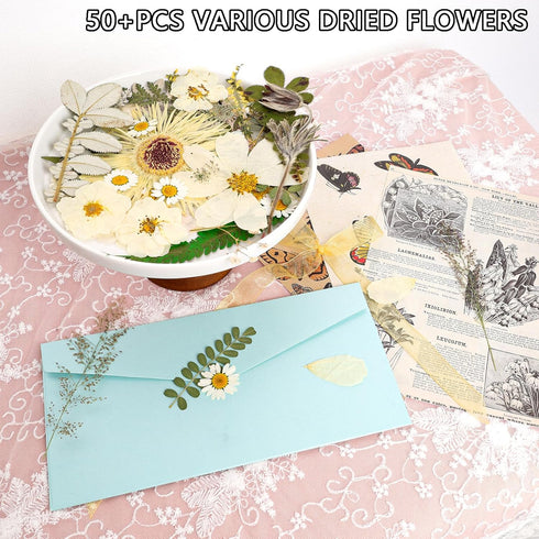 50Pcs Dried Pressed Flowers Real Pressed Flowers Natural Dry Leaves Bulk Mixed Colorful Herbs Kit with Tweezers for Scrapbooking DIY Candle Jewelr...