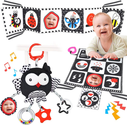 Black and White High Contrast Baby Toys 0-6 Months with Mirror, Crinkle and Rattles, Soft Baby Toys for Brain Development Montessori Sensory Tummy...