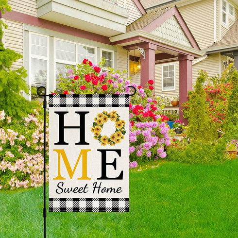 Sunflower Home Sweet Home Garden Flag for Outside Summer Flags for Farmhouse Lawn Outdoor Décor, Burlap Vertical Buffalo Check Plaid Flower Small ...