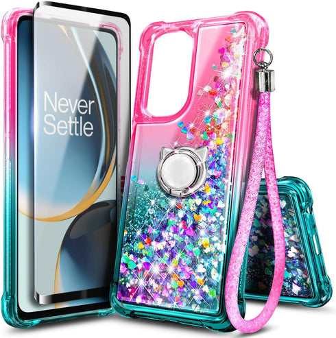 NZND Compatible with OnePlus Nord N30 5G Case, Nord CE 3 Lite 5G with Tempered Glass Screen Protector, Ring Holder/Wrist Strap, Glitter Liquid Flo...