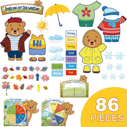 86 Pcs Weather Bulletin Board Set for Classroom 12 x 8 Inch Bear Dress Weather Chart Seasonal Bulletin Board Cutout Set Bulletin Board Decorations...