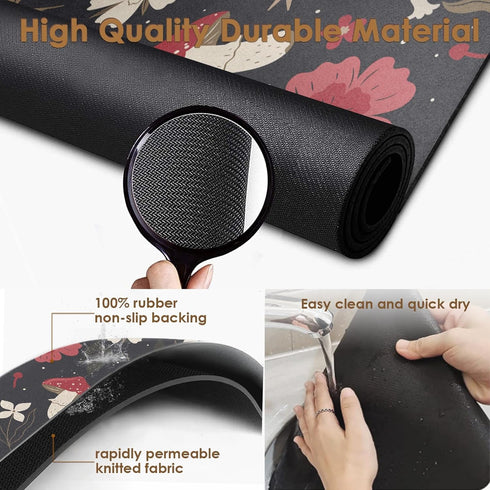 Coffee Mat for Countertops, Mushroom Red Floral Black Dish Drying Mat 2 Pcs for Kitchen Coffee Bar Accessories, Fit Under Coffee Maker Espresso Ma...
