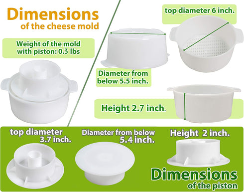 PetriStor Cheese Mold for Cheese Making Cheese with Follower Piston 1.3QT and Cheesecloth - Cheese Form Mold - Cheese Making Basket - Paneer Chees...