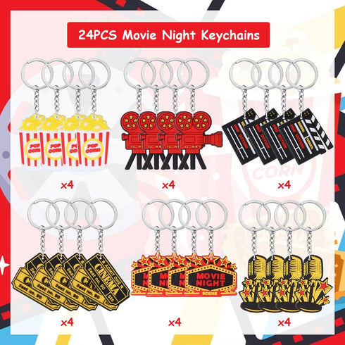 24PCS Movie Night Keychains, Movie Night Party Favors Include Clapboard Microphone Ticket Popcorn Microphone Projector Keychains for Birthday Part...