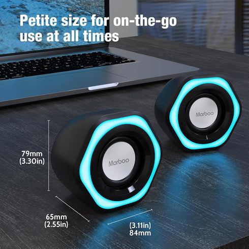 Computer PC Speakers USB Powered 3.5mm AUX Jack Volume Control Ice-Blue LED Light HiFi Stereo Sound Quality Mini Gaming Desktop Monitors Laptops S...