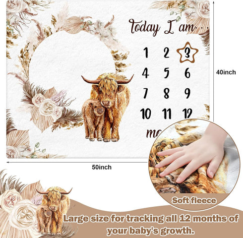 Boho Floral Baby Monthly Milestone Blanket Neutral Bohemian Photo Prop Blanket Personalized Highland Cow Baby Present Pampas Grass Ideas for Baby ...