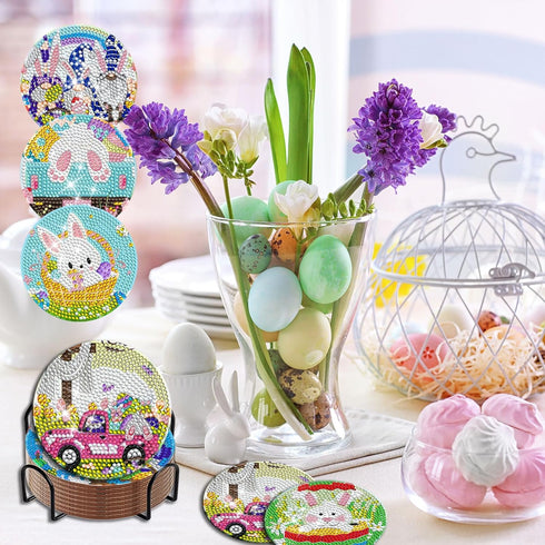 8 Pieces Easter Diamond Coasters Kits Holder DIY Easter Rabbit Diamond Art Coaster Coaster for Adults Diamond Kits Supplies for Spring Easter Gift...