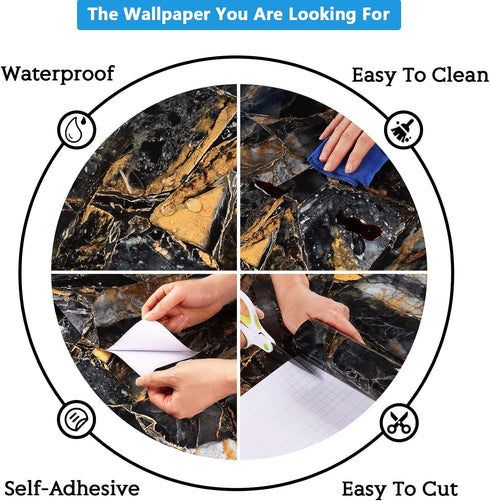 CRE8TIVE Glossy Slate Gold Marble Contact Paper Marble Wallpaper Peel and Stick Countertops for Kitchen Waterproof Self Adhesive Removable Marble ...