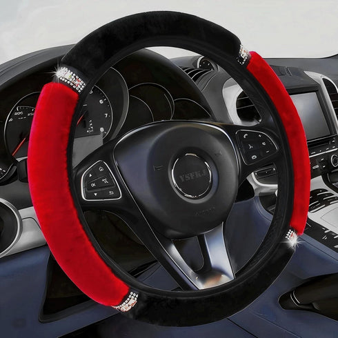 Diamond Fluffy Steering Wheel Cover with Sparkly Crystal Rhinestones, Universal 15 Inch Car Elastic Steering Wheel Protector for Women Girls (Red)...