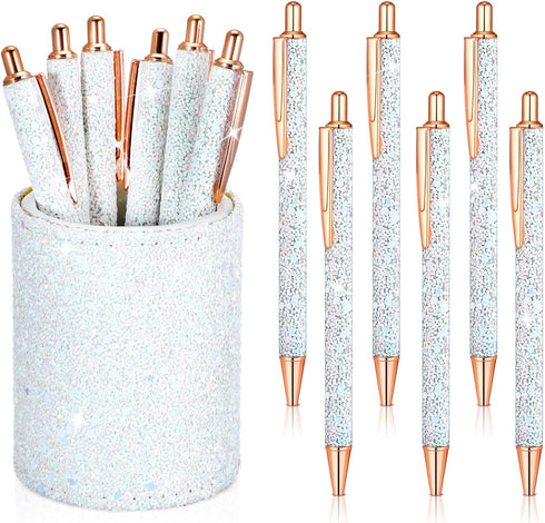 Bling Sequin Pen Holder with 6 Pcs Sequin Click Pens Cute Sequin Glitter Retractable Ballpoint Pens, Pencil Cups for Desk Organizer Makeup Brush H...